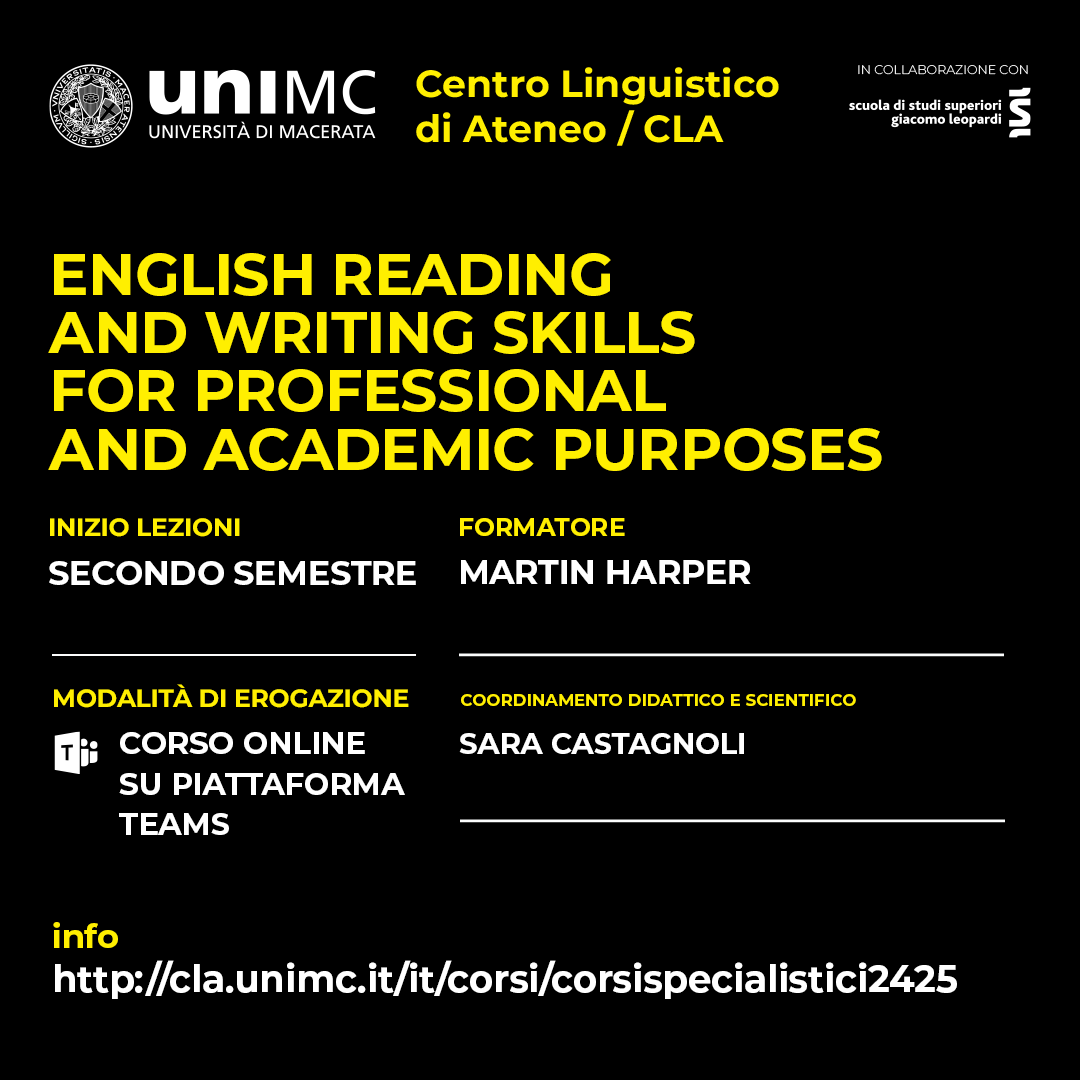 Corso specialistico "English Reading and Writing Skills for Professional and Academic Purposes" Corso specialistico "English Reading and Writing Skills for Professional and Academic Purposes"